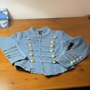 Free People Blue and Gold Jean Jacket with Military Flair